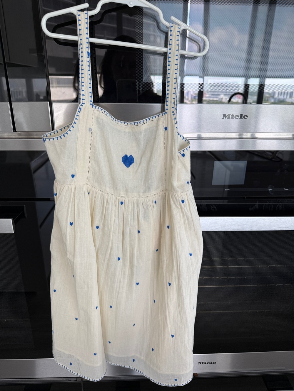 Emile et Ida Cream Dress with Blue Heart Embroidery